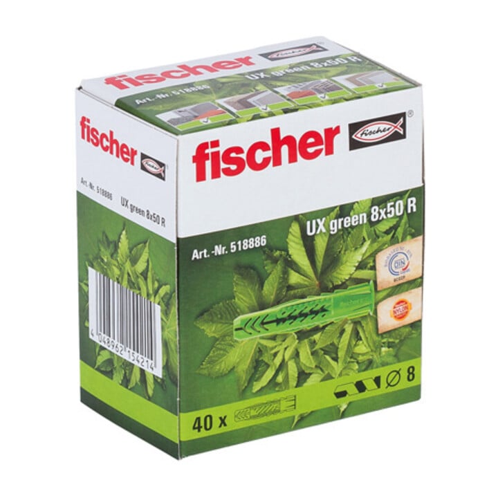 Cheville universelle fischer UX Green 8 x 50 R avec collerette