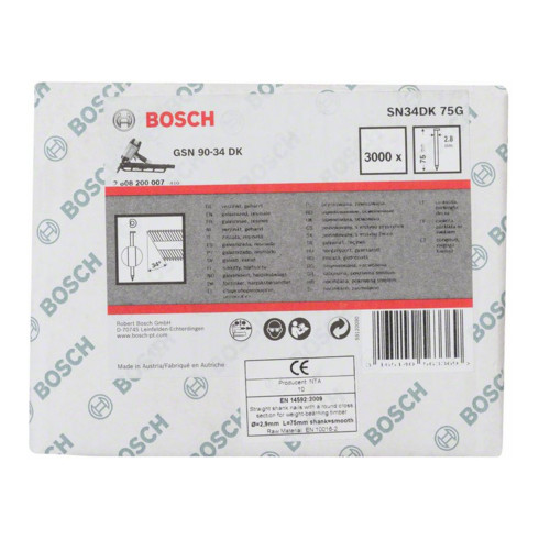 Bosch Chiodo a nastro con testa a D SN34DK 75G 2,8mm 75mm, zincato, liscio