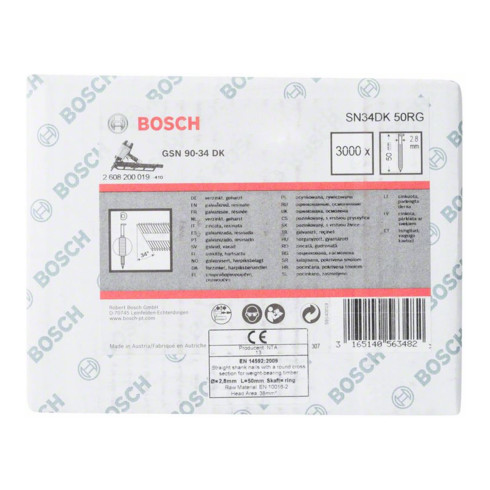 Bosch Chiodo a nastro con testa a D SN34DK 50RG 2,8mm 50mm, zincato, scanalato