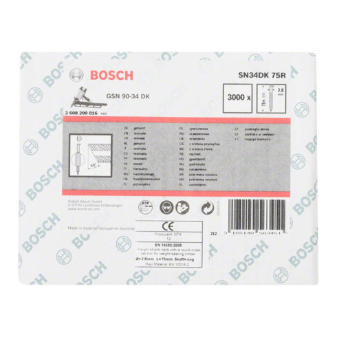 Bosch Chiodo a nastro con testa a D SN34DK 75R 2,8mm 75mm,  vuoto, scanalato