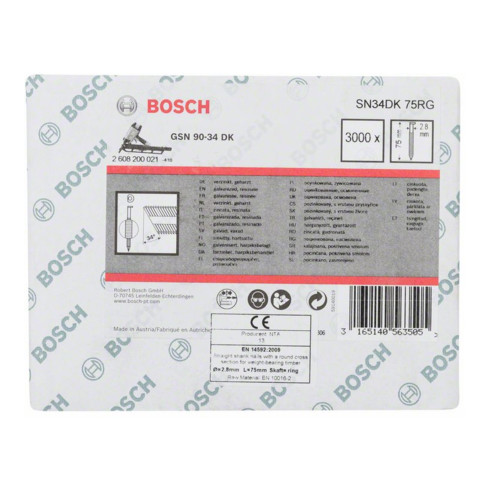 Bosch Chiodo a nastro con testa a D SN34DK 75RG 2,8mm 75mm,  scanalato, galvanizzato