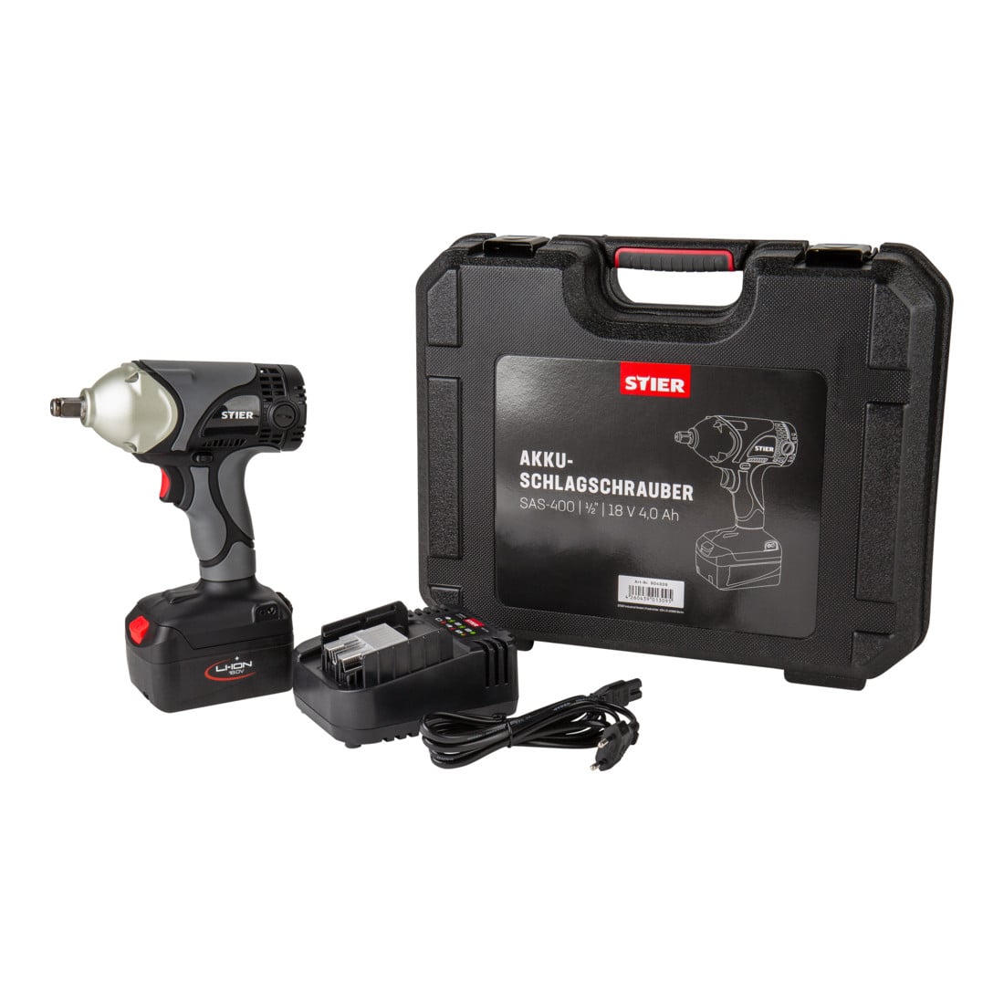 Clé à chocs sans fil STIER SAS-400 1/2" 18 V 4,0 Ah avec batterie et chargeur