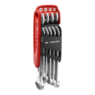 Clés mixtes Facom à têtes biseautées à 15° montées dans un support pliable, 14 pcs.