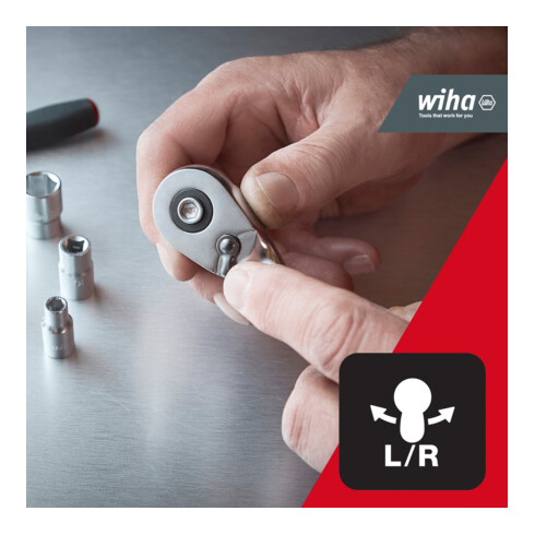 Cliquet réversible à denture fine Wiha 72 dents 1/2" avec bouton-poussoir et bille de sécurité