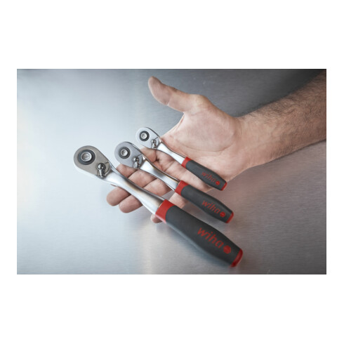 Cliquet réversible à denture fine Wiha 72 dents 3/8" avec bouton-poussoir et bille de sécurité