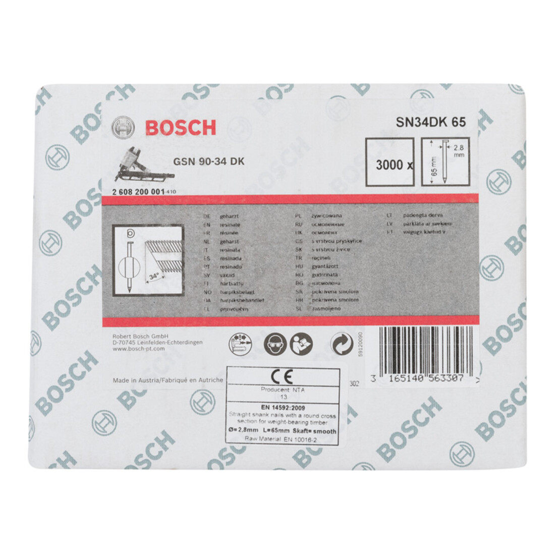Clou à tête en D Bosch SN34DK 65 2,8 mm 65 mm flan lisse 65 mm