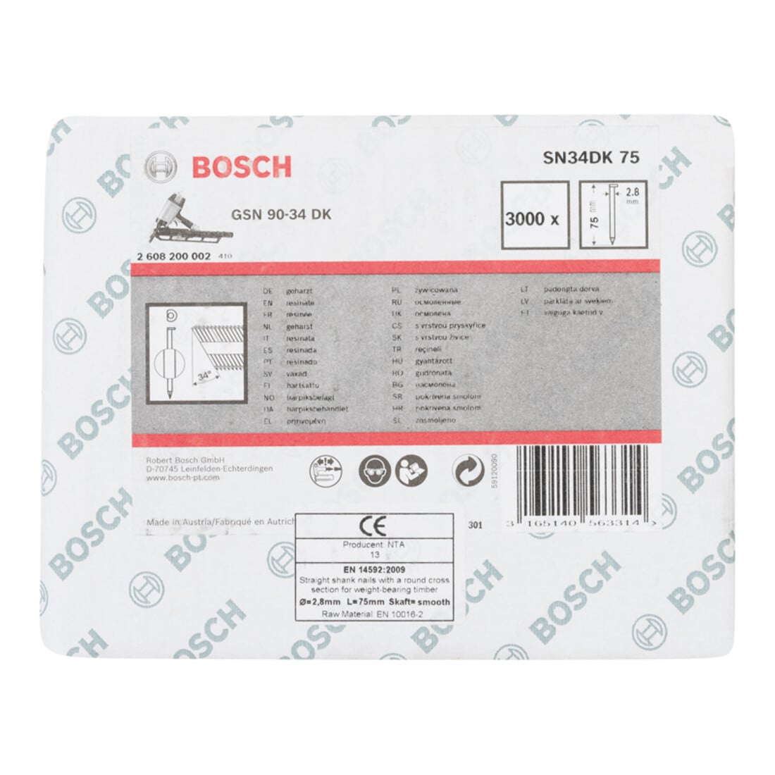 Clou à tête en D Bosch SN34DK 75 2,8 mm 75 mm 75 mm flan lisse lisse