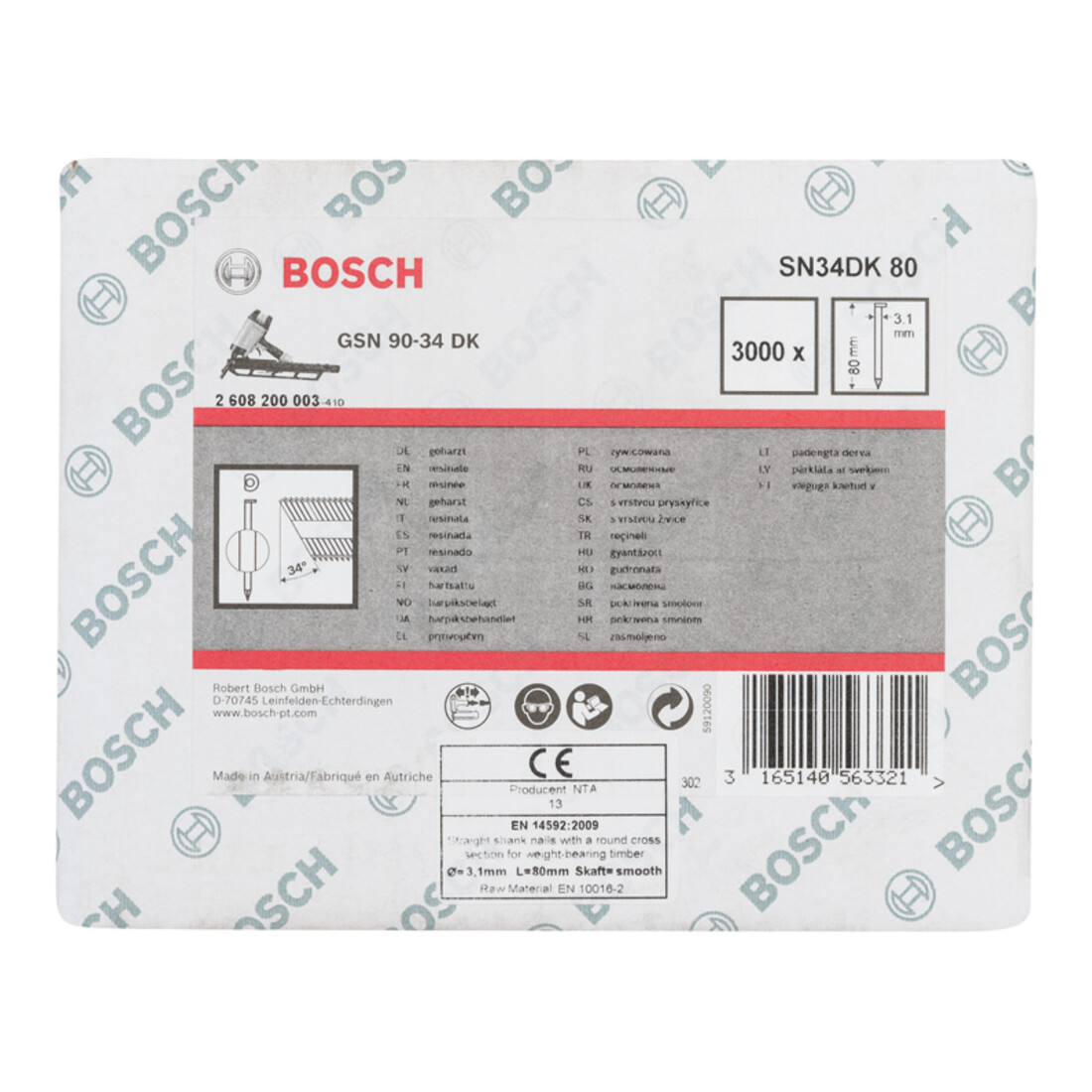 Clou à tête en D Bosch SN34DK 80 3,1 mm 80 mm flan lisse 80 mm