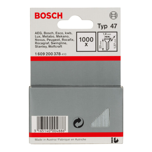 Clou d'agrafeuse Bosch type 47, 1,8 x 1,27 x 23 mm, paquet de 1000