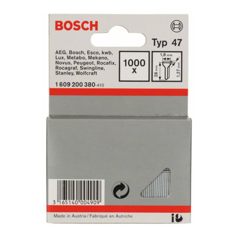 Clou d'agrafeuse Bosch type 47, 1,8 x 1,27 x 28 mm, paquet de 1000