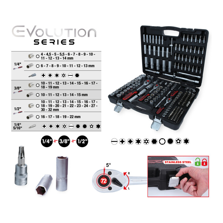 Coffret à douilles KS Tools 1/4", 3/8", 1/2",  195 pièces