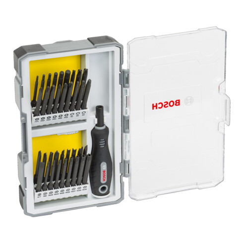 Coffret de 37 tournevis avec poignée PH1-2-3 ; PZ1-2-3 ; Plat 5-6 ; TH8-11-15-20-25-27-30-40 ; TQ6-8-10 ; HEX2-2,5-3-4-5-6 ; TW 1-2-3-4 ; SP 4-6-8-10 ; R1-2-3