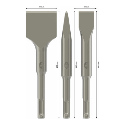 Coffret de burins courts SDS plus, 3 pièces 140; 140x20;140x40 mm
