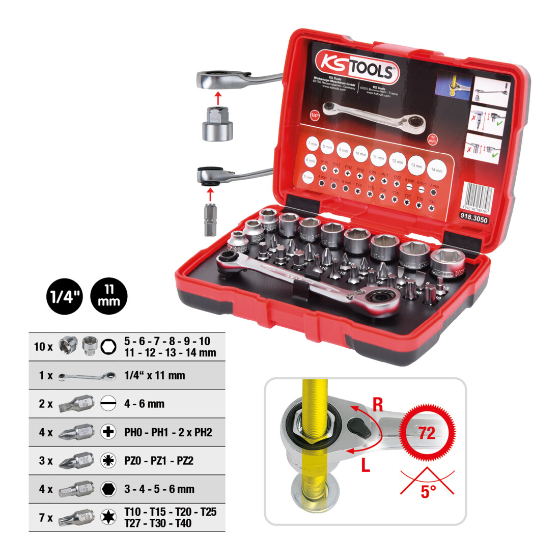 Coffret de douilles et d'embouts de visage 1/4" + 11 mm, 31-pcs.