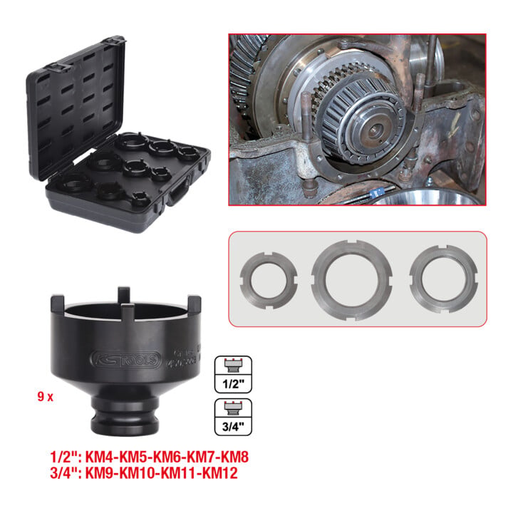 Coffret de douilles pour KM écrou à ergots, ergots extérieurs, 9 pcs KS Tools