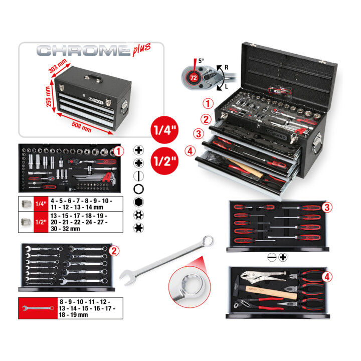 Coffret d'outils universels KS Tools 1/4"+1/2" CHROMEplus, 99 pcs.