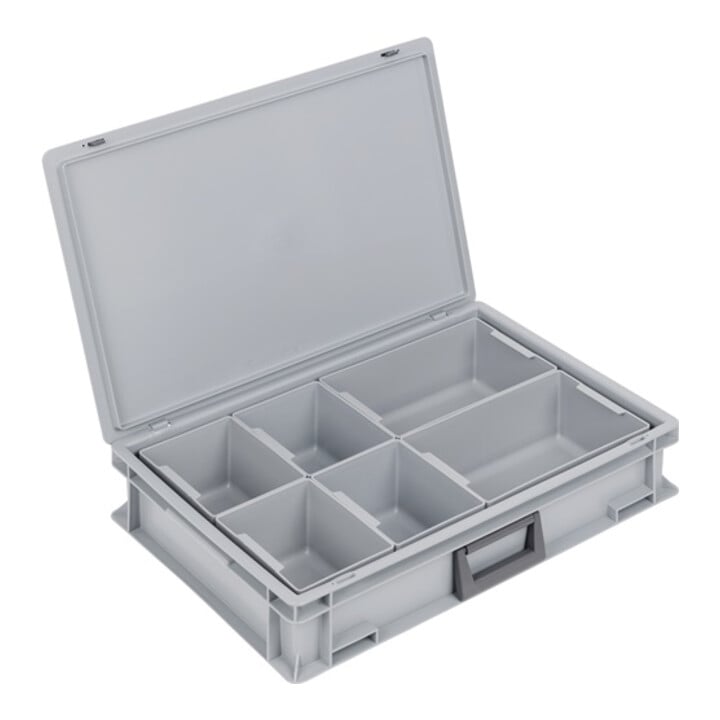 coffret plastique L600xl400xH133 mm PP 1 manche avec 4 boîtes compart.+fermoir c