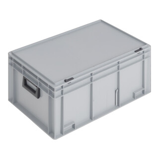 coffret plastique L600xl400xH293 mm PP 2 manches fermoir coulissant gris 55 l