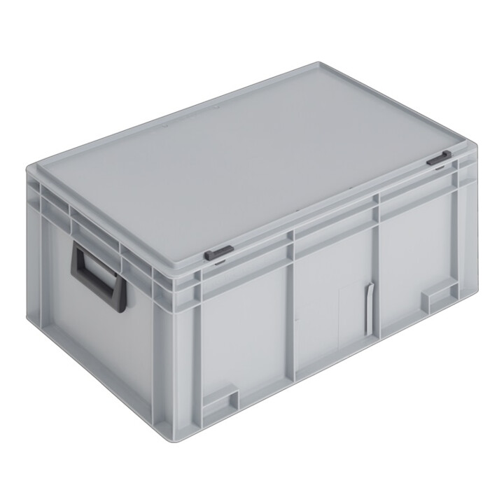 coffret plastique L600xl400xH293 mm PP 2 manches fermoir coulissant gris 55 l