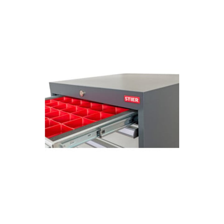 Compartimentage de tiroir STIER, bacs pour petites pièces, BLH 100 mm, dimensions intérieures 500x450 mm, 18 KTK 75x150 mm