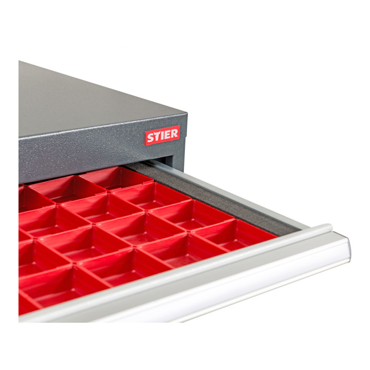 Compartimentage de tiroir STIER, bacs pour petites pièces, BLH 100 mm, dimensions intérieures 500x450 mm, 24 KTK 75x75 mm