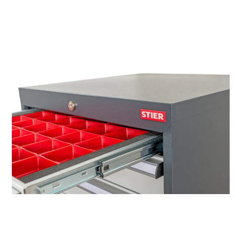Compartimentage de tiroir STIER, bacs pour petites pièces, BLH 100 mm, dimensions intérieures 600x450 mm, 32 KTK 75x75 mm