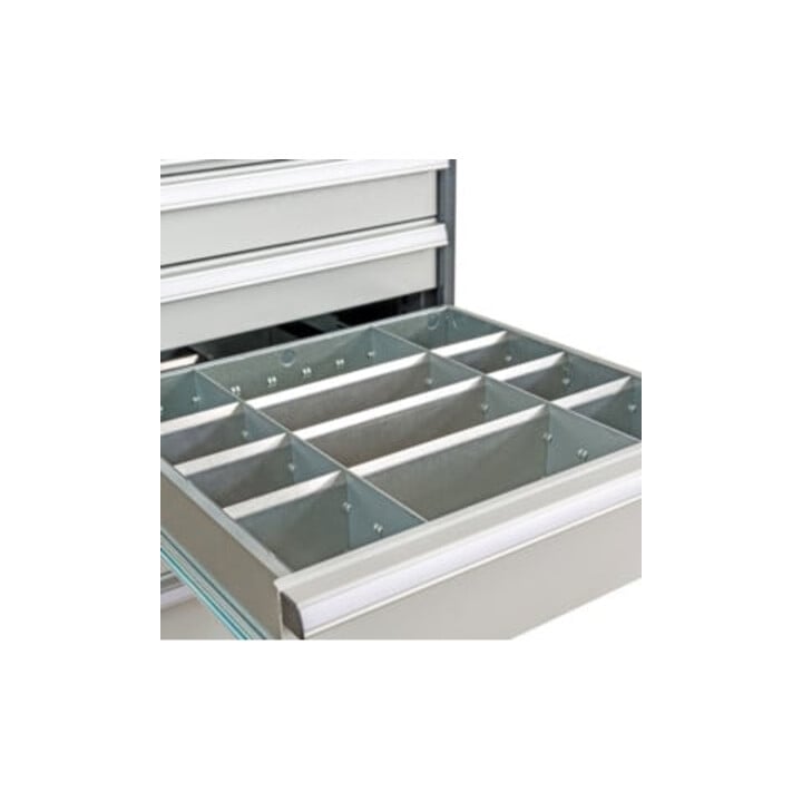 Compartimentage de tiroir STIER, séparations en métal, BLH 100/125 mm, dimensions intérieures 500x450 mm, 12 casiers, 6 x TW 125