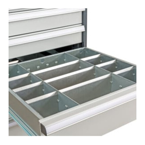 Compartimentage de tiroir STIER, séparations en métal, BLH 100/125 mm, dimensions intérieures 500x450 mm, 12 casiers, 6 x TW 125