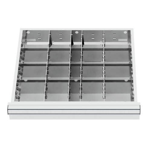 Compartimentage de tiroir STIER, séparations en métal, BLH 100/125 mm, dimensions intérieures 500x450 mm, 20 casiers, 6 x TW 125