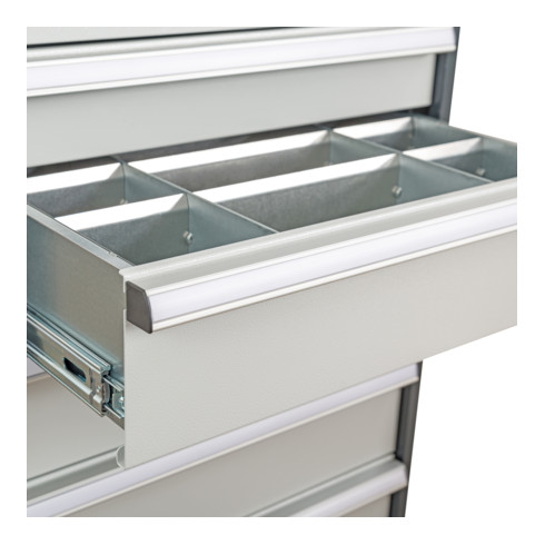 Compartimentage de tiroir STIER, séparations en métal, BLH 100/125 mm, dimensions intérieures 500x450 mm, 20 casiers, 6 x TW 125