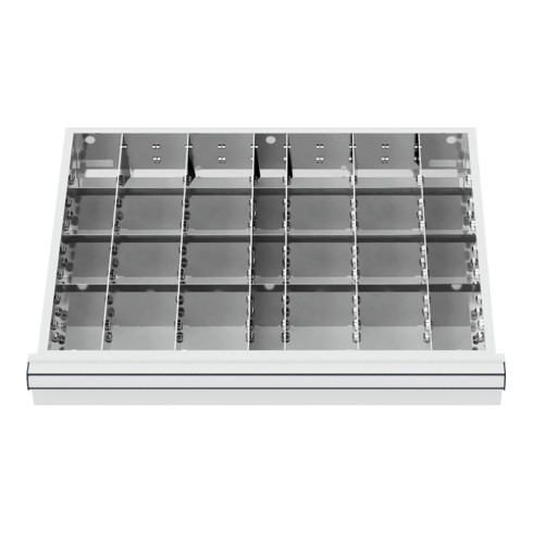 Compartimentage de tiroir STIER, séparations en métal, BLH 100/125 mm, dimensions intérieures 600x450 mm, 24 casiers