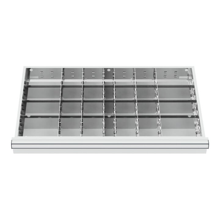 Compartimentage de tiroir STIER, séparations en métal, BLH 100/125 mm, dimensions intérieures 800x450 mm, 28 casiers