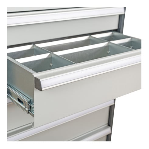 Compartimentage de tiroir STIER, séparations en métal, BLH 150/175 mm, dimensions intérieures 500x450 mm, 6 casiers