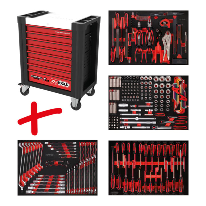 Composition pour servante d’atelier Performanceplus P10 avec 241 outils pour 4 tiroirs KS Tools