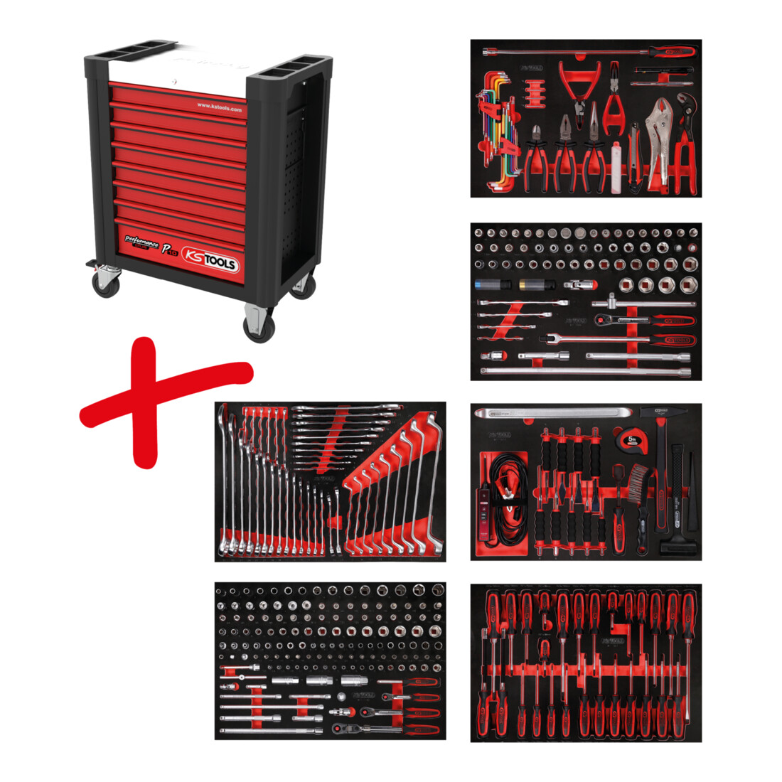 Composition pour servante d’atelier Performanceplus P10 avec 338 outils pour 6 tiroirs KS Tools