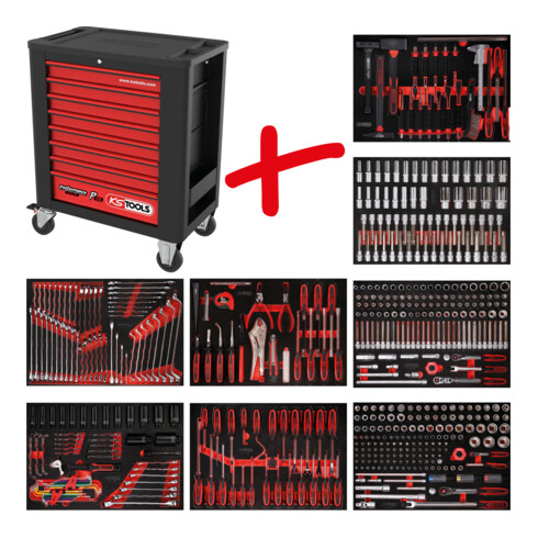 Composition pour servante d’atelier Performanceplus P15 avec 536 outils pour 8 tiroirs KS Tools