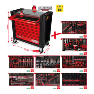 Composition pour servante d’atelier Performanceplus P25 avec 660 outils pour 8 tiroirs KS Tools