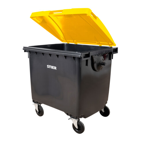Conteneur à déchets à 4 roues STIER, 1 100 l, gris/jaune, couvercle plat, lxPxH 1 372x1 065x1 315 mm