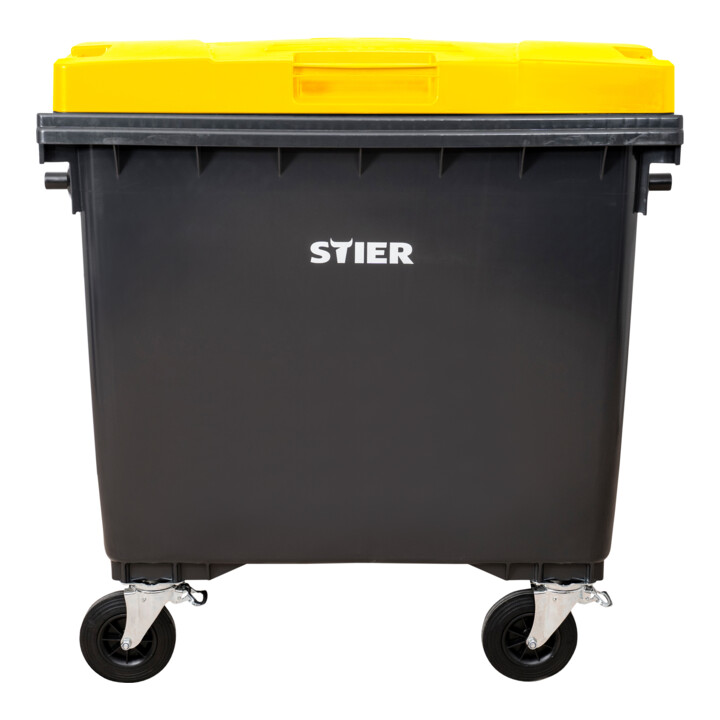 Conteneur à déchets à 4 roues STIER, 1 100 l, gris/jaune, couvercle plat, lxPxH 1 372x1 065x1 315 mm