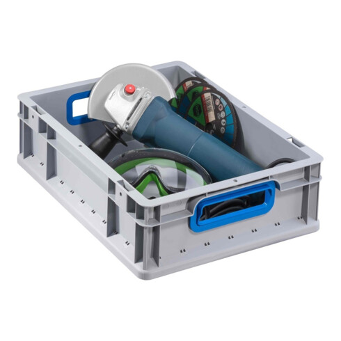 Conteneur de transport gerbable L400xl300xH120mm gris PP poignée ouverte bleu pa