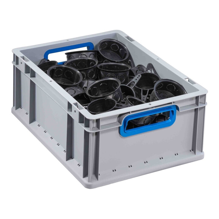 Conteneur de transport gerbable L400xl300xH170mm gris PP poignée ouverte bleu pa