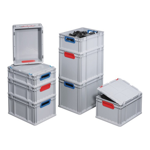 Conteneur de transport gerbable L400xl300xH220mm gris bleu PP avec plaque rabatt