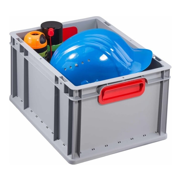 Conteneur de transport gerbable L400xl300xH220mm gris PP poignée fermée rouge pa