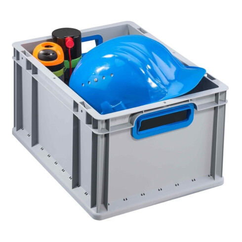 Conteneur de transport gerbable L400xl300xH220mm gris PP poignée ouverte bleu pa