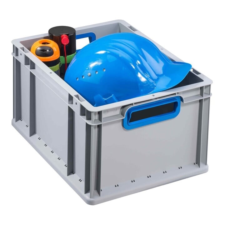 Conteneur de transport gerbable L400xl300xH220mm gris PP poignée ouverte bleu pa