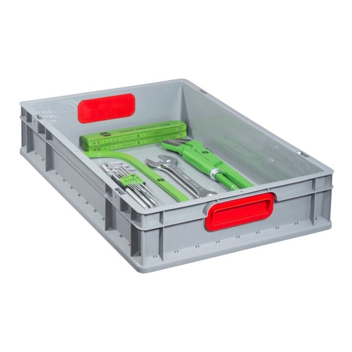 Conteneur de transport gerbable L600xl400xH120mm gris PP poignée fermée rouge pa
