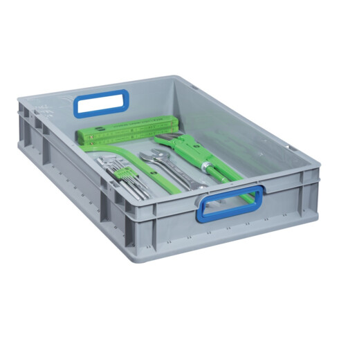 Conteneur de transport gerbable L600xl400xH120mm gris PP poignée ouverte bleu pa
