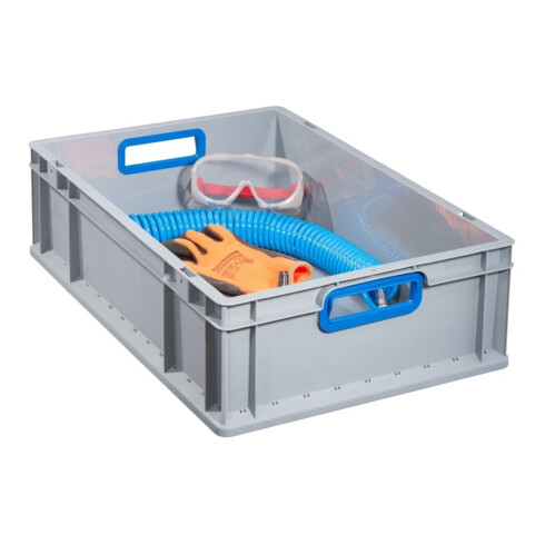 Conteneur de transport gerbable L600xl400xH170mm gris PP poignée ouverte bleu pa