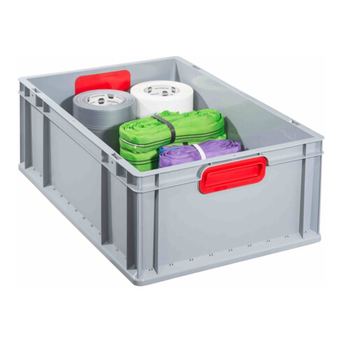Conteneur de transport gerbable L600xl400xH220mm gris PP poignée fermée rouge pa