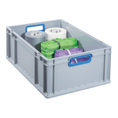 Conteneur de transport gerbable L600xl400xH220mm gris PP poignée ouverte bleu pa